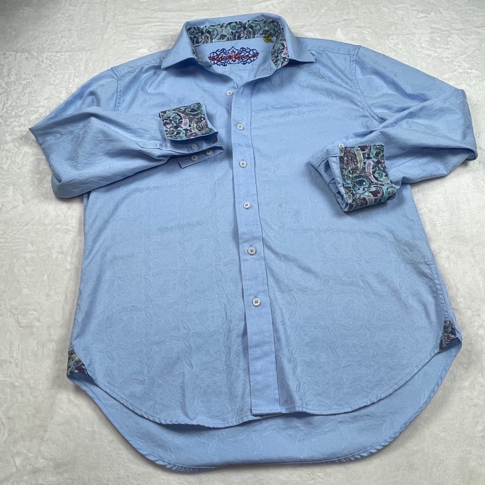 Robert Graham Mens Tailored Fit Blue Jacquard Paisley Trim Button Down Shirt M